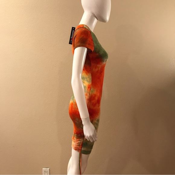 Tie Dye Bodycon Mini Dress NEW Juniors Large Orange Green Yellow Short Sleeve - Picture 6 of 12
